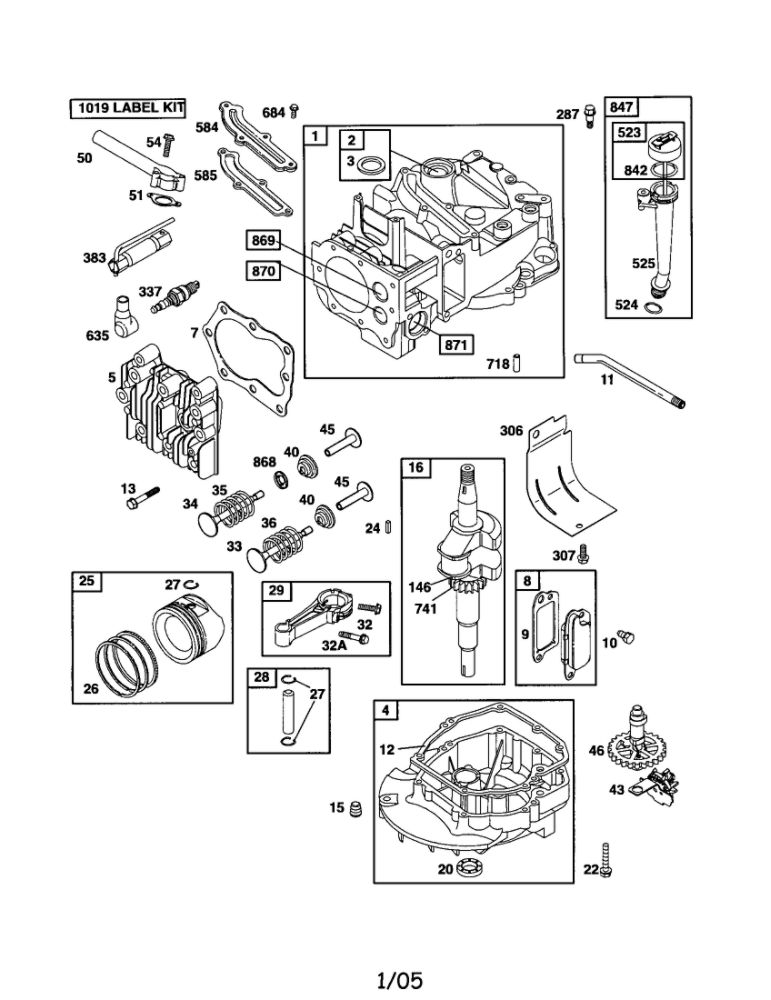 Cylinder/Crankshaft/Sump-Engine Diagram and Parts List for 125K05-0477-E1  Briggs and Stratton Engine
